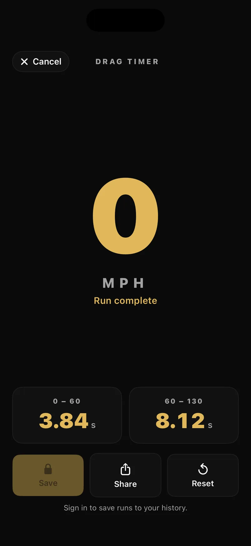 The drag timer after a run: 0–60 in 3.84 seconds, 60–130 in 8.12