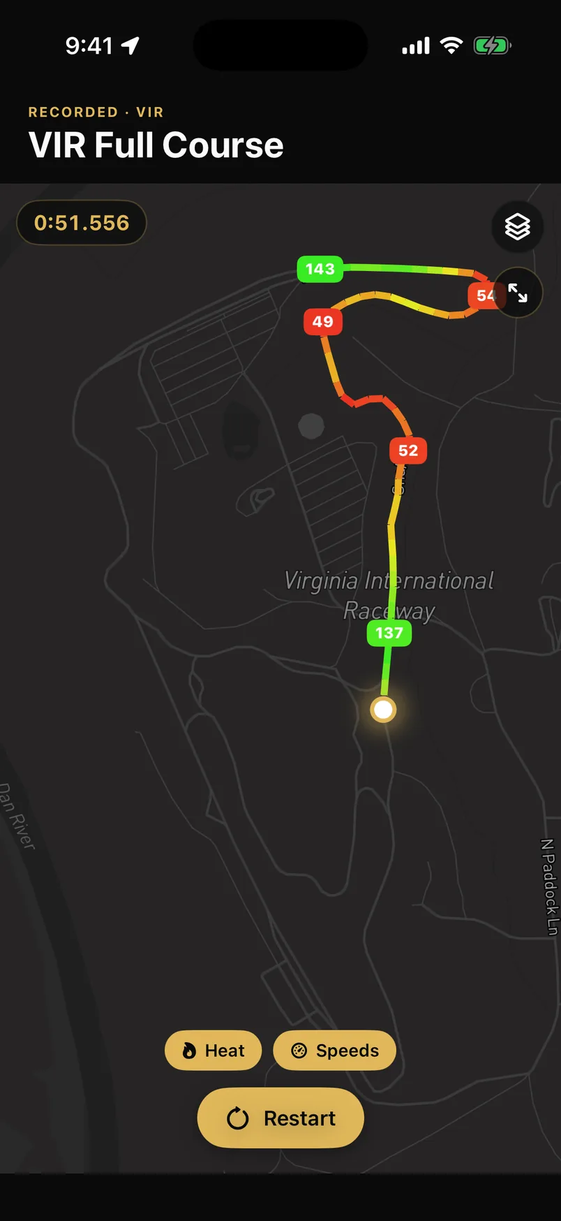 A recorded drive replaying on the map, the line coloured green to red by speed