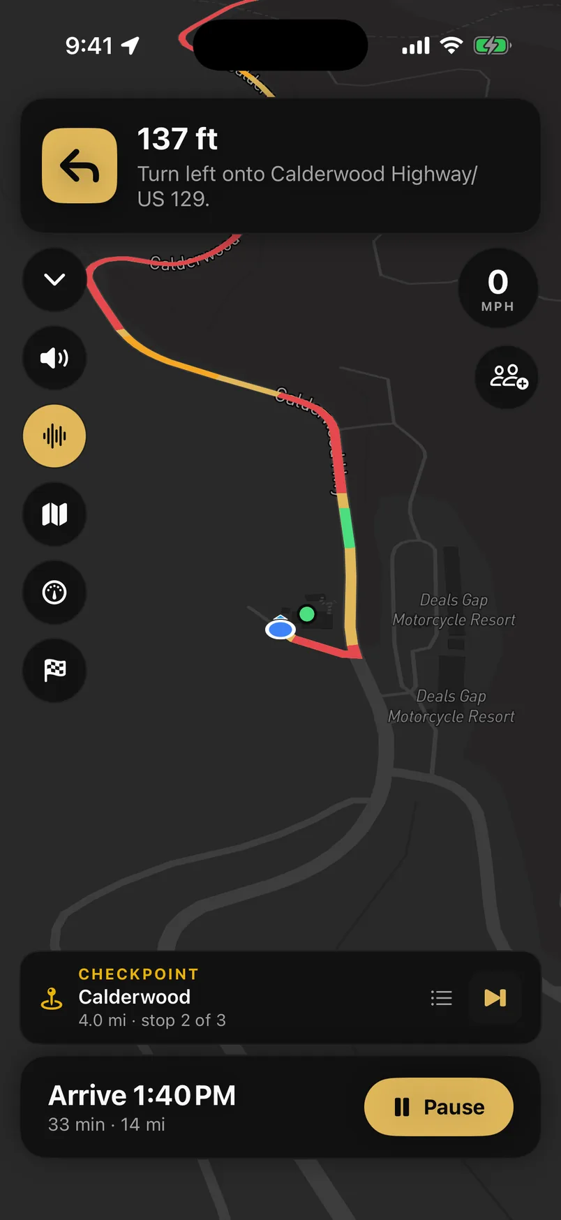 Navigation on the Tail of the Dragon with the road ahead coloured by corner difficulty