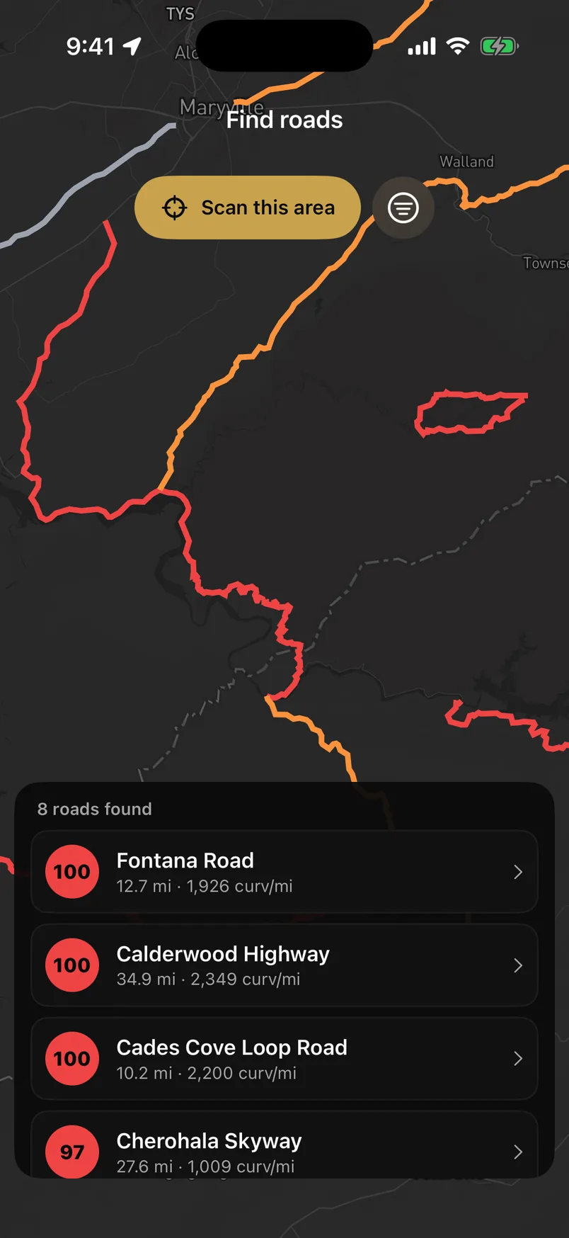 Road Finder scoring nearby roads by curviness — eight roads found, four of them scoring 100